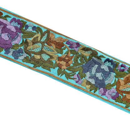 Indian Antique Vintage Parsi Gara Border Purple Hand Embroidered Craft Trim Lace Sewing Sarees Ribbon Recycled 1yard Pure Georgette Silk