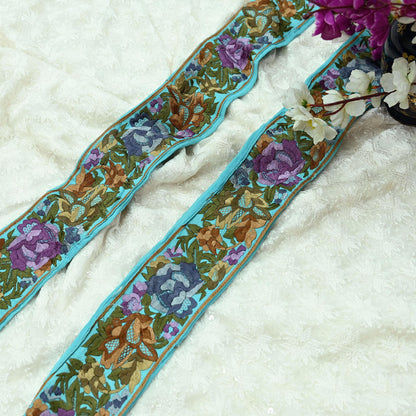 Indian Antique Vintage Parsi Gara Border Purple Hand Embroidered Craft Trim Lace Sewing Sarees Ribbon Recycled 1yard Pure Georgette Silk