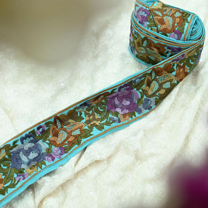 Indian Antique Vintage Parsi Gara Border Purple Hand Embroidered Craft Trim Lace Sewing Sarees Ribbon Recycled 1yard Pure Georgette Silk