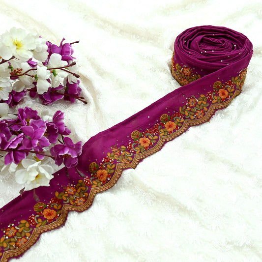 Indian Vintage Purple Border Hand Embroidered Craft Trim 1yd Lace Sewing Sari Ribbon Pure Crepe silk  Zari Decor