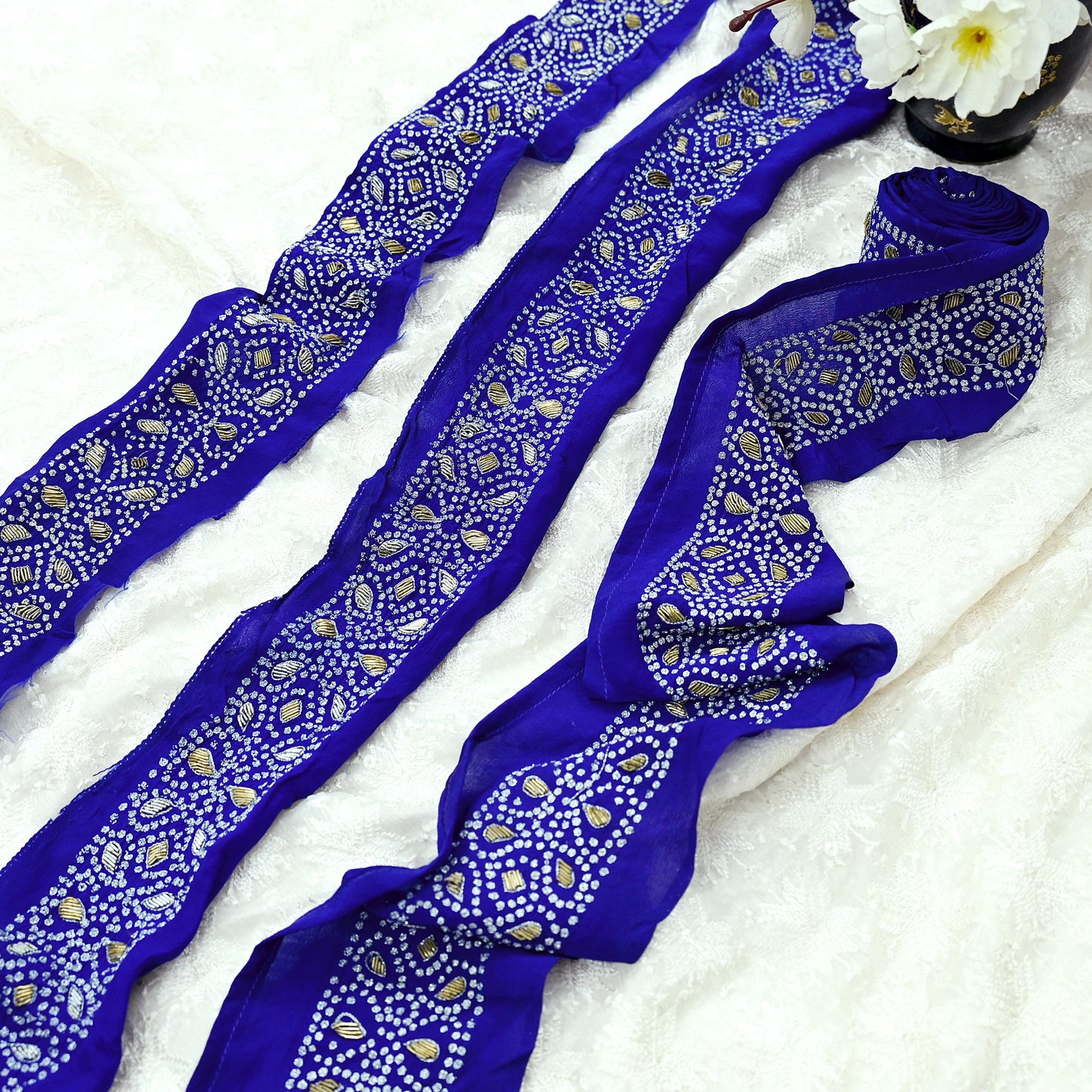 Indian Vintage Blue Sari Border Hand Embroidered 1yd Craft Trim Lace Sewing Sari Ribbon Pure Crepe silk  Zardozi/Dabka Zari