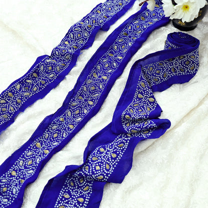 Indian Vintage Blue Sari Border Hand Embroidered 1yd Craft Trim Lace Sewing Sari Ribbon Pure Crepe silk  Zardozi/Dabka Zari