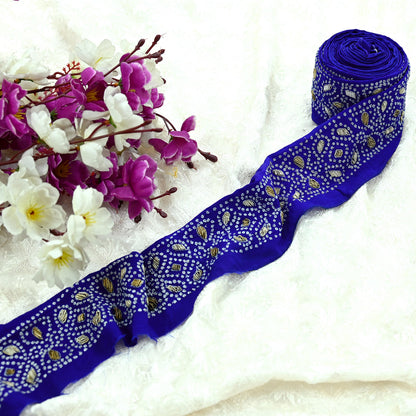 Indian Vintage Blue Sari Border Hand Embroidered 1yd Craft Trim Lace Sewing Sari Ribbon Pure Crepe silk  Zardozi/Dabka Zari