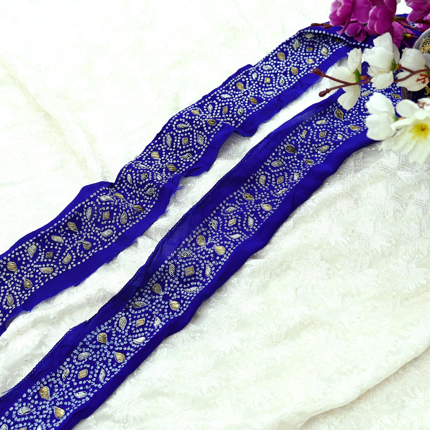 Indian Vintage Blue Sari Border Hand Embroidered 1yd Craft Trim Lace Sewing Sari Ribbon Pure Crepe silk  Zardozi/Dabka Zari