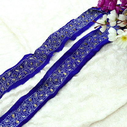 Indian Vintage Blue Sari Border Hand Embroidered 1yd Craft Trim Lace Sewing Sari Ribbon Pure Crepe silk  Zardozi/Dabka Zari