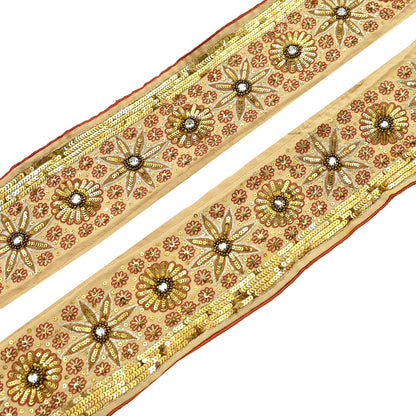 Indian Vintage Beige Sari Border Hand Embroidered 1yd Gota Patti Craft Trim Lace Sewing Sari Ribbon Pure Crepe silk  Sequins Zari