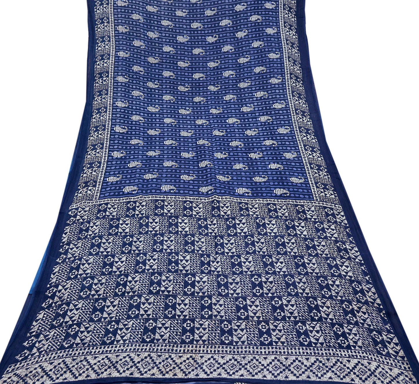 Indian Vintage Sari White & Blue Printed 100% Pure Cotton Sarees Craft Fabric 5Yd Sewing Sarong Wrap Boho Floral Quilting Crafting