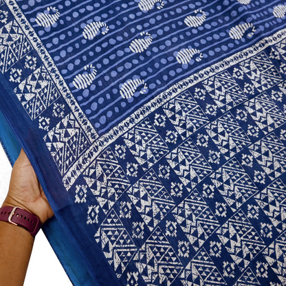 Indian Vintage Sari White & Blue Printed 100% Pure Cotton Sarees Craft Fabric 5Yd Sewing Sarong Wrap Boho Floral Quilting Crafting