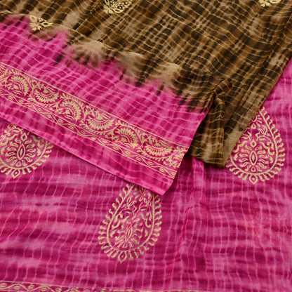 Indian Vintage Sari Pink & Brown Printed 100% Pure Cotton Saree Craft Fabric 5Yd Soft Sewing Sarong Wrap Boho Dress Making Quilting