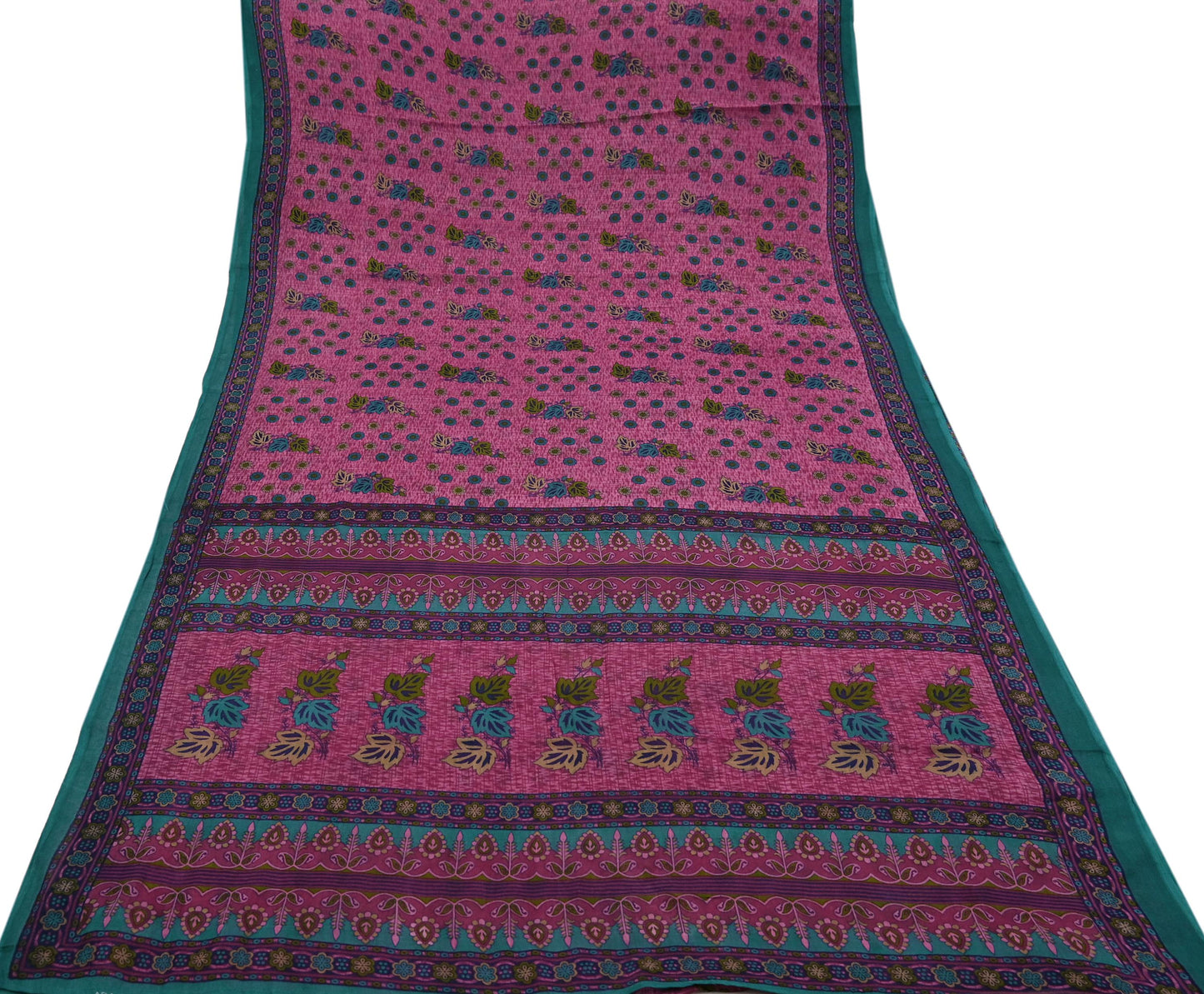 Indian Vintage Sari Pink & Green Printed 100% Pure Cotton Sarees Craft Fabric 5Yd Soft Sewing Sarong Wrap Floral Boho Quilting Crafting Used