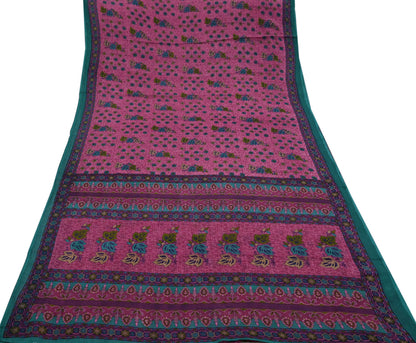 Indian Vintage Sari Pink & Green Printed 100% Pure Cotton Sarees Craft Fabric 5Yd Soft Sewing Sarong Wrap Floral Boho Quilting Crafting Used