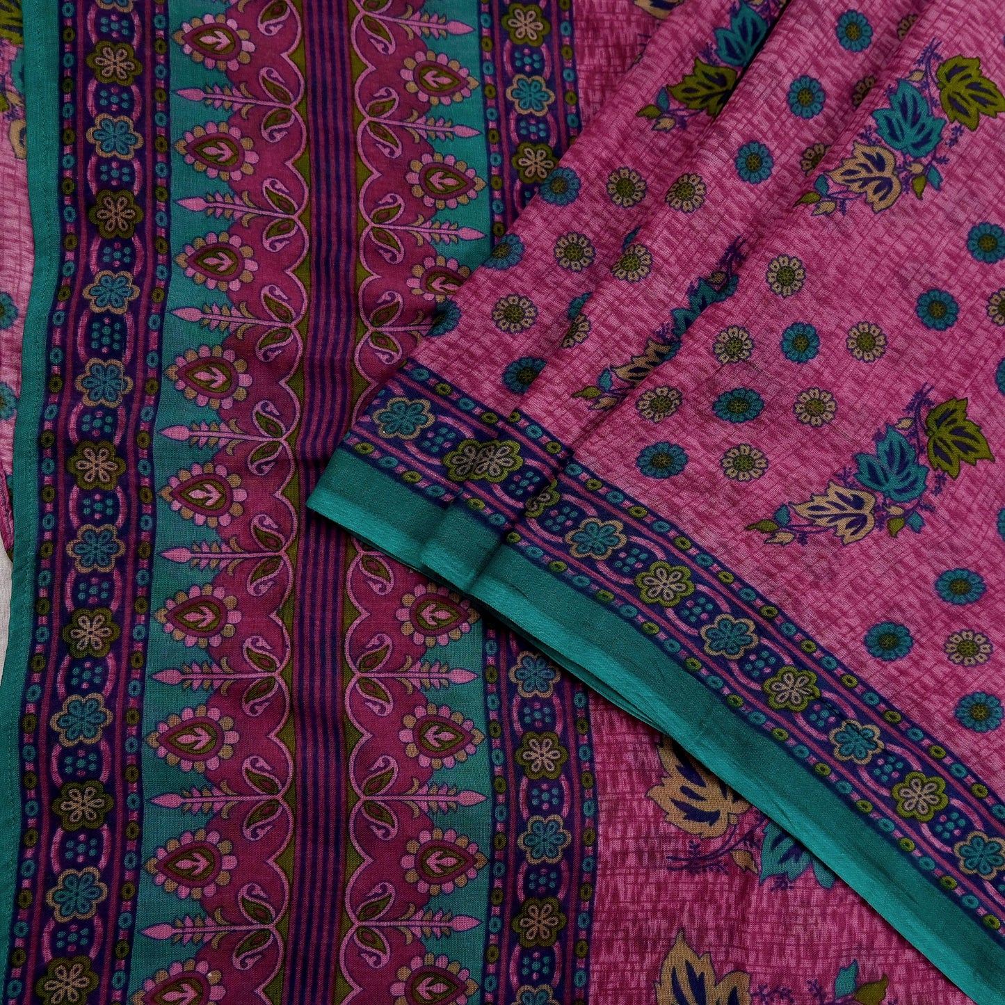 Indian Vintage Sari Pink & Green Printed 100% Pure Cotton Sarees Craft Fabric 5Yd Soft Sewing Sarong Wrap Floral Boho Quilting Crafting Used