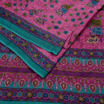 Indian Vintage Sari Pink & Green Printed 100% Pure Cotton Sarees Craft Fabric 5Yd Soft Sewing Sarong Wrap Floral Boho Quilting Crafting Used