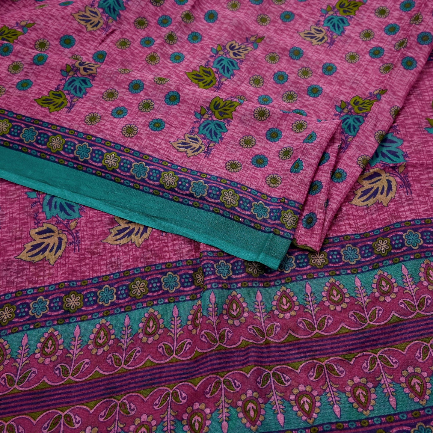 Indian Vintage Sari Pink & Green Printed 100% Pure Cotton Sarees Craft Fabric 5Yd Soft Sewing Sarong Wrap Floral Boho Quilting Crafting Used
