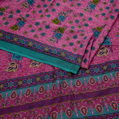Indian Vintage Sari Pink & Green Printed 100% Pure Cotton Sarees Craft Fabric 5Yd Soft Sewing Sarong Wrap Floral Boho Quilting Crafting Used