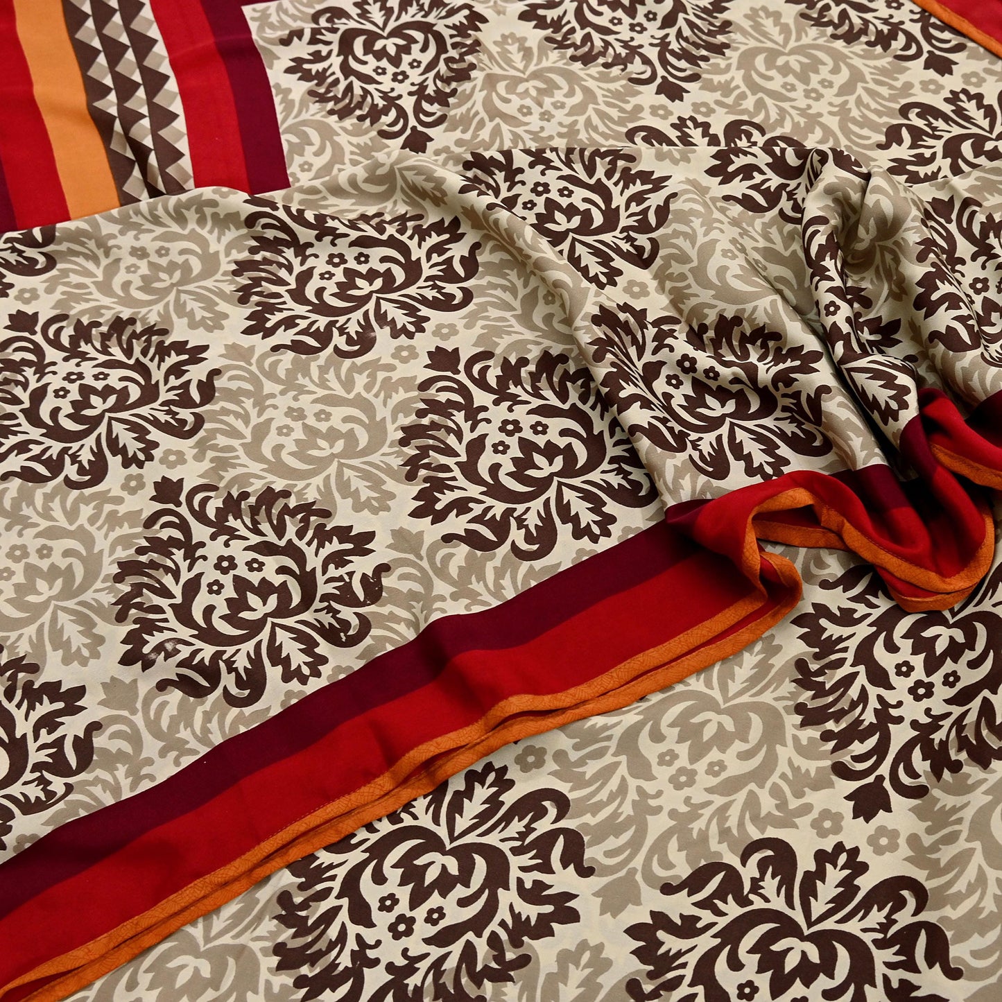 Indian Vintage Saree Brown & Beige Moss Crepe Printed Sari 6 Yards Floral Soft Fabric for Sewing, Dressmaking, Crafting, Quilting