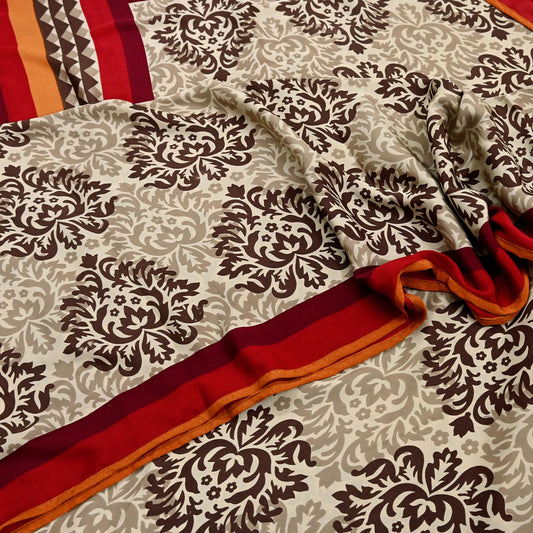 Indian Vintage Saree Brown & Beige Moss Crepe Printed Sari 6 Yards Floral Soft Fabric for Sewing, Dressmaking, Crafting, Quilting