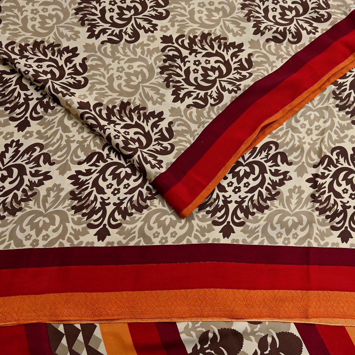 Indian Vintage Saree Brown & Beige Moss Crepe Printed Sari 6 Yards Floral Soft Fabric for Sewing, Dressmaking, Crafting, Quilting