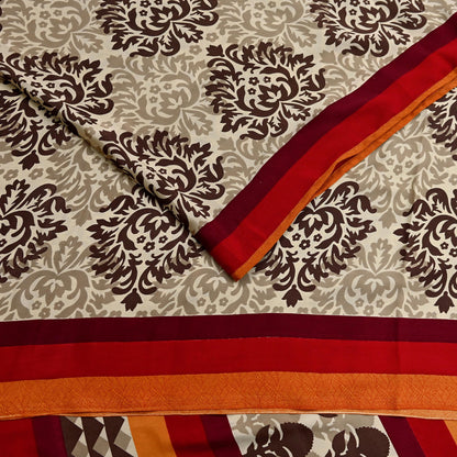 Indian Vintage Saree Brown & Beige Moss Crepe Printed Sari 6 Yards Floral Soft Fabric for Sewing, Dressmaking, Crafting, Quilting