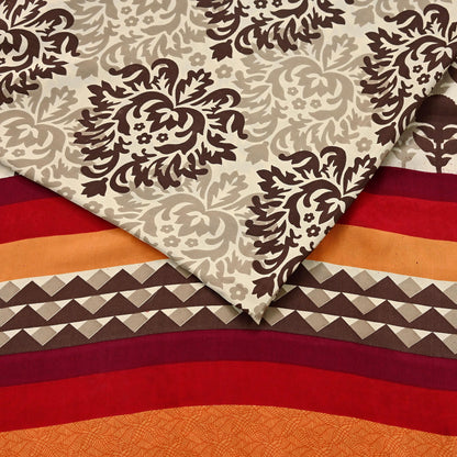 Indian Vintage Saree Brown & Beige Moss Crepe Printed Sari 6 Yards Floral Soft Fabric for Sewing, Dressmaking, Crafting, Quilting