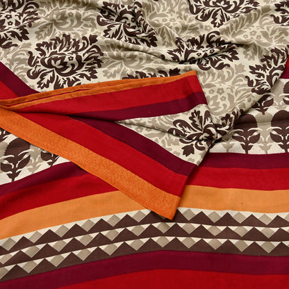 Indian Vintage Saree Brown & Beige Moss Crepe Printed Sari 6 Yards Floral Soft Fabric for Sewing, Dressmaking, Crafting, Quilting