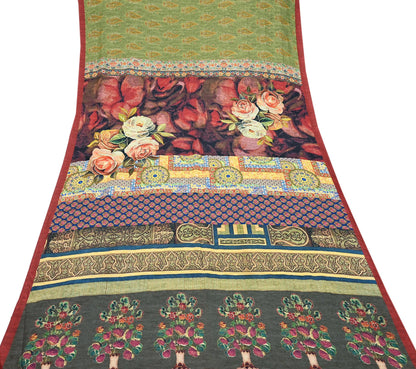 Indian Vintage Saree Green Artificial silk Digital Printed Sari Fabric 6yd Sewing Soft Craft Fabric Dressmaking Dress Designing Quilting