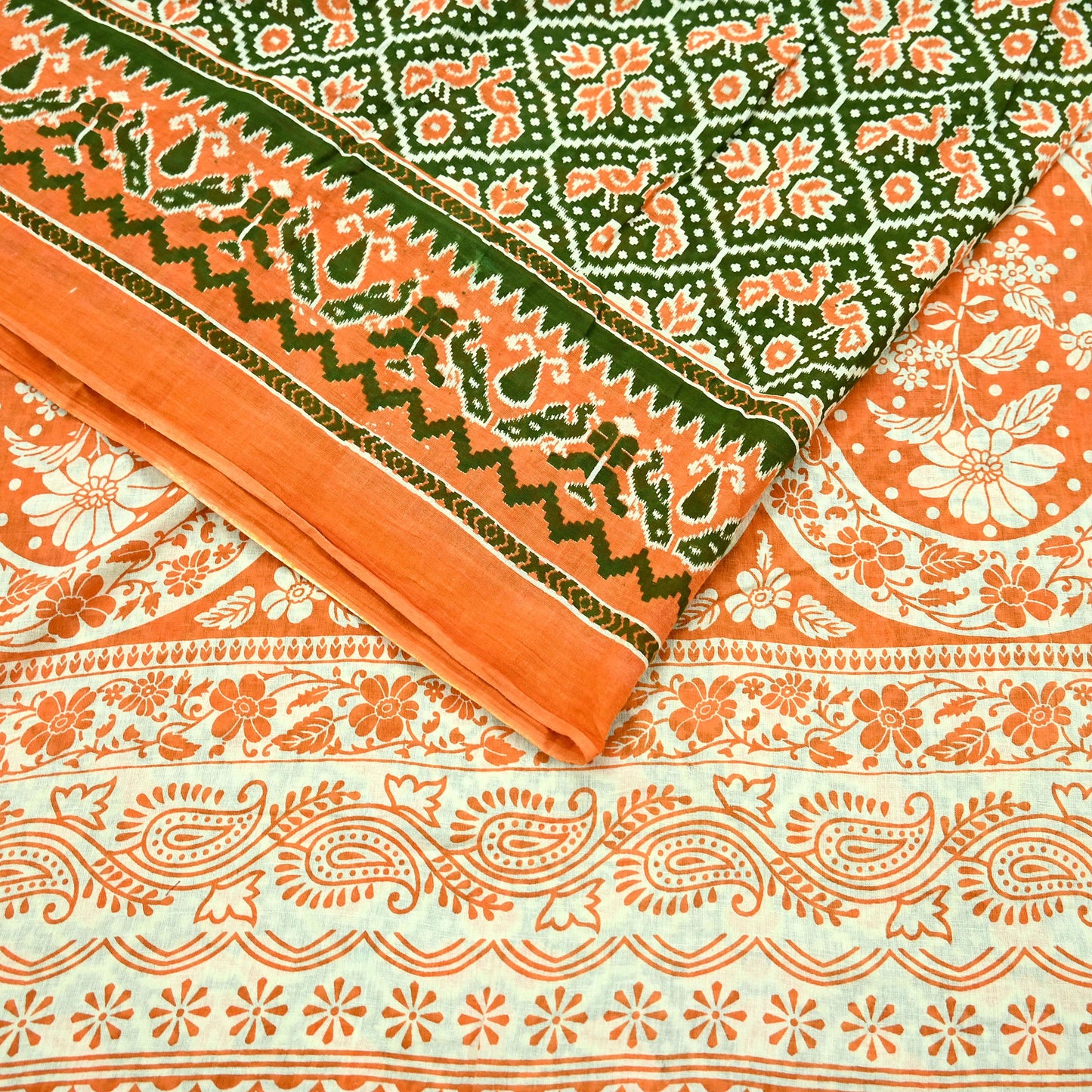 Indian Vintage Sari Green & Orange Printed Sarees Pure Cotton Craft Soft Fabric 5Yard Sewing Sarong Wrap Boho Floral Upcycle Dress making