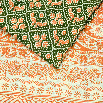 Indian Vintage Sari Green & Orange Printed Sarees Pure Cotton Craft Soft Fabric 5Yard Sewing Sarong Wrap Boho Floral Upcycle Dress making
