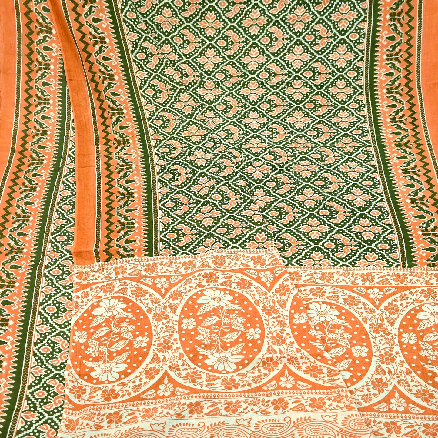 Indian Vintage Sari Green & Orange Printed Sarees Pure Cotton Craft Soft Fabric 5Yard Sewing Sarong Wrap Boho Floral Upcycle Dress making