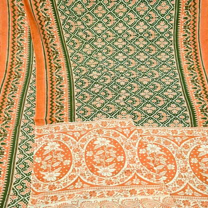 Indian Vintage Sari Green & Orange Printed Sarees Pure Cotton Craft Soft Fabric 5Yard Sewing Sarong Wrap Boho Floral Upcycle Dress making