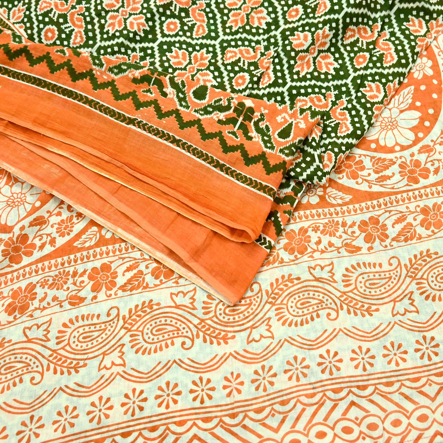 Indian Vintage Sari Green & Orange Printed Sarees Pure Cotton Craft Soft Fabric 5Yard Sewing Sarong Wrap Boho Floral Upcycle Dress making