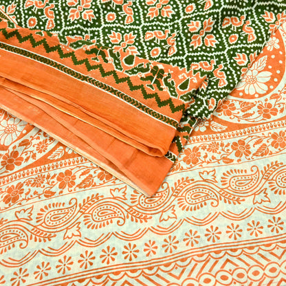 Indian Vintage Sari Green & Orange Printed Sarees Pure Cotton Craft Soft Fabric 5Yard Sewing Sarong Wrap Boho Floral Upcycle Dress making