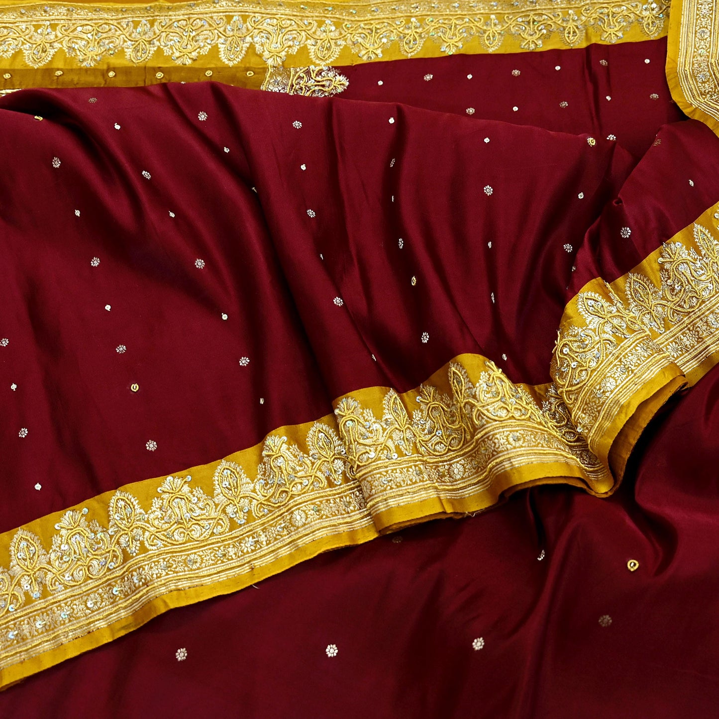 Indian Vintage Heavy Wedding Saree Pure Satin Silk Hand Embroidered Banarsi Brocade Sari Zari/Zardozi/Dabka 5Yd Dressmaking