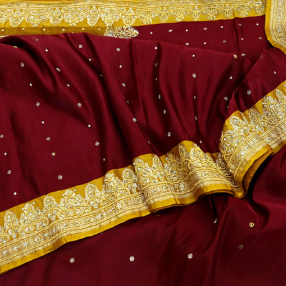 Indian Vintage Heavy Wedding Saree Pure Satin Silk Hand Embroidered Banarsi Brocade Sari Zari/Zardozi/Dabka 5Yd Dressmaking