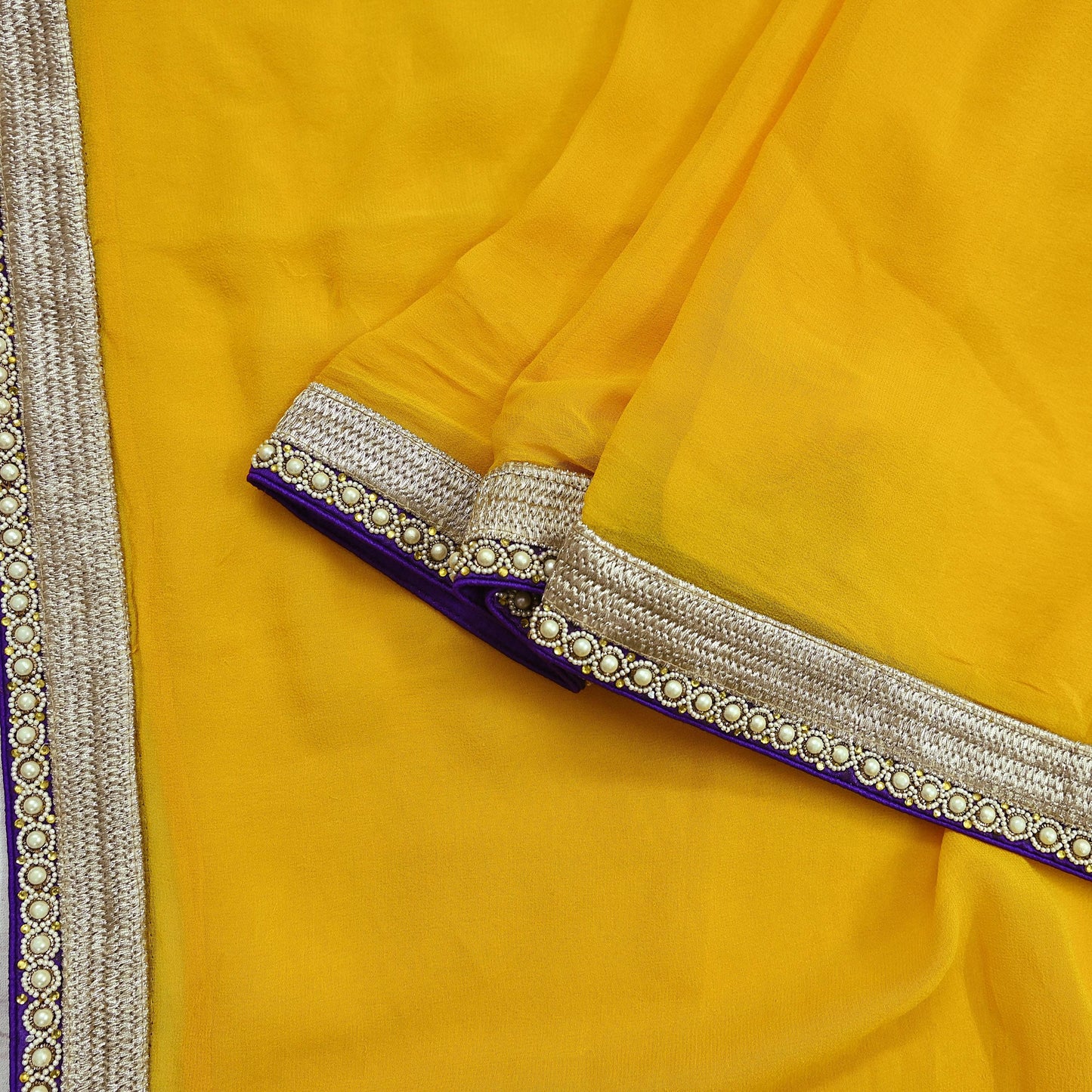 Indian Vintage Heavy Sari Yellow Pure Georgette Silk Hand Embroidered Sarees Craft Fabric 6Yd Sewing Ethnic Bollywood saree Zardozi Mukesh