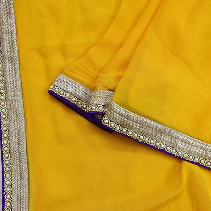 Indian Vintage Heavy Sari Yellow Pure Georgette Silk Hand Embroidered Sarees Craft Fabric 6Yd Sewing Ethnic Bollywood saree Zardozi Mukesh