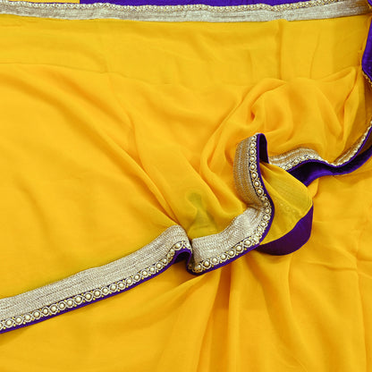 Indian Vintage Heavy Sari Yellow Pure Georgette Silk Hand Embroidered Sarees Craft Fabric 6Yd Sewing Ethnic Bollywood saree Zardozi Mukesh
