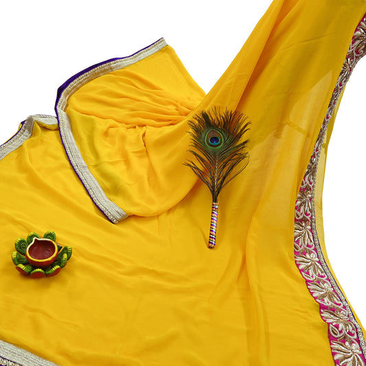 Indian Vintage Heavy Sari Yellow Pure Georgette Silk Hand Embroidered Sarees Craft Fabric 6Yd Sewing Ethnic Bollywood saree Zardozi Mukesh