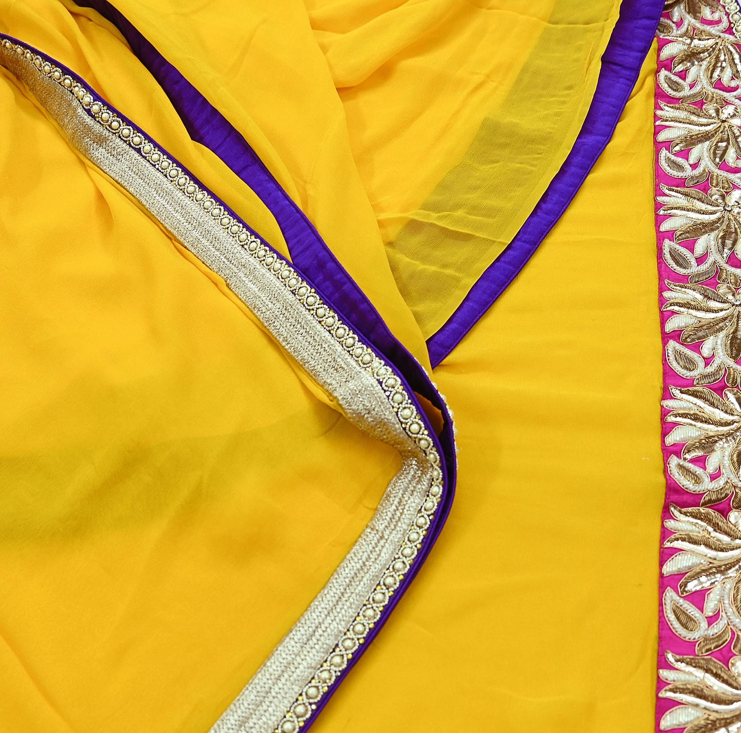 Indian Vintage Heavy Sari Yellow Pure Georgette Silk Hand Embroidered Sarees Craft Fabric 6Yd Sewing Ethnic Bollywood saree Zardozi Mukesh