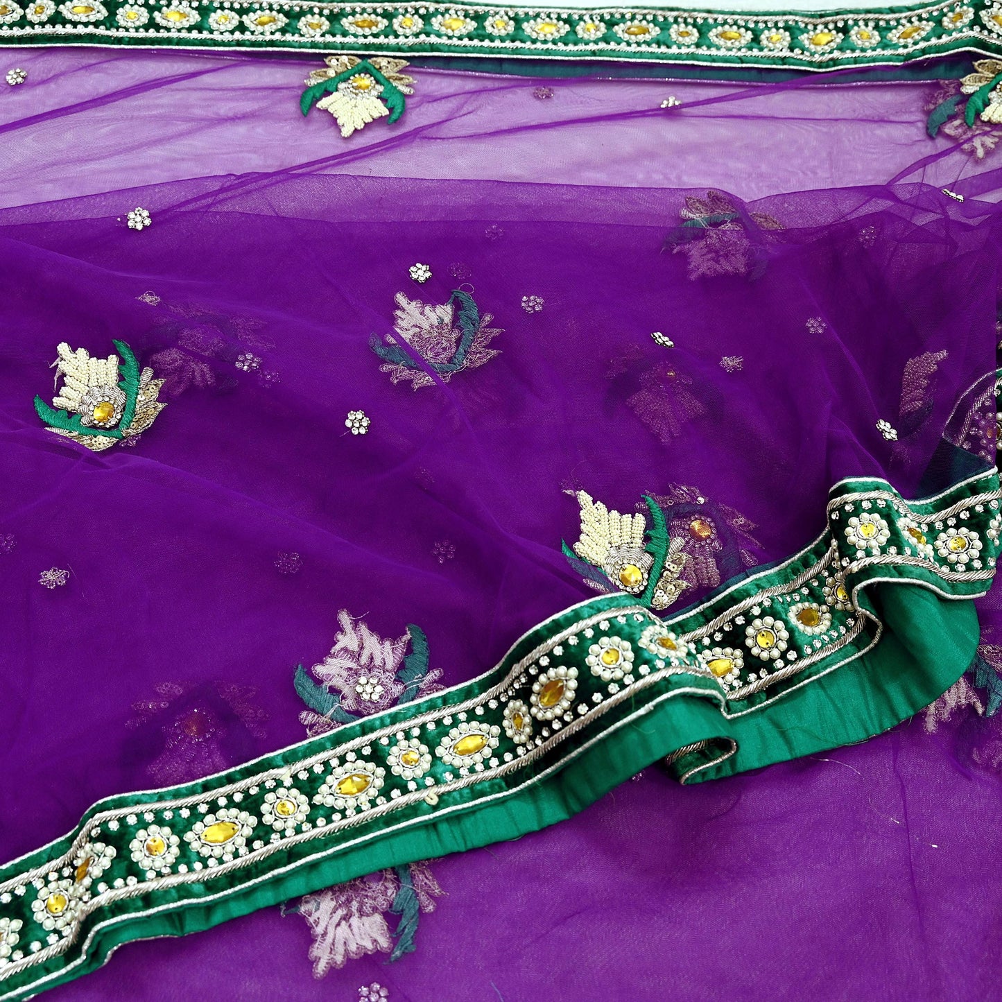 Indian Vintage Purple Net Saree Heavy Hand Embroidery 5 Yards Soft Mesh Fabric Includes Blouse & Ideal for Crafting Wedding Wear