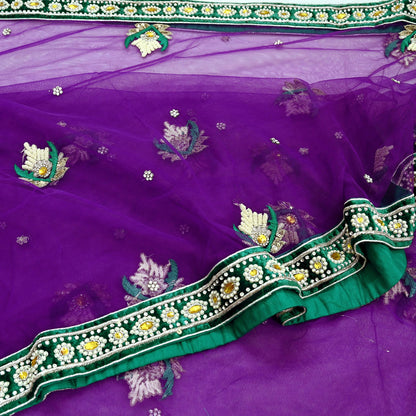 Indian Vintage Purple Net Saree Heavy Hand Embroidery 5 Yards Soft Mesh Fabric Includes Blouse & Ideal for Crafting Wedding Wear
