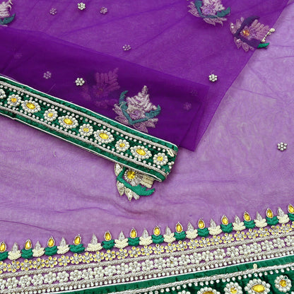 Indian Vintage Purple Net Saree Heavy Hand Embroidery 5 Yards Soft Mesh Fabric Includes Blouse & Ideal for Crafting Wedding Wear