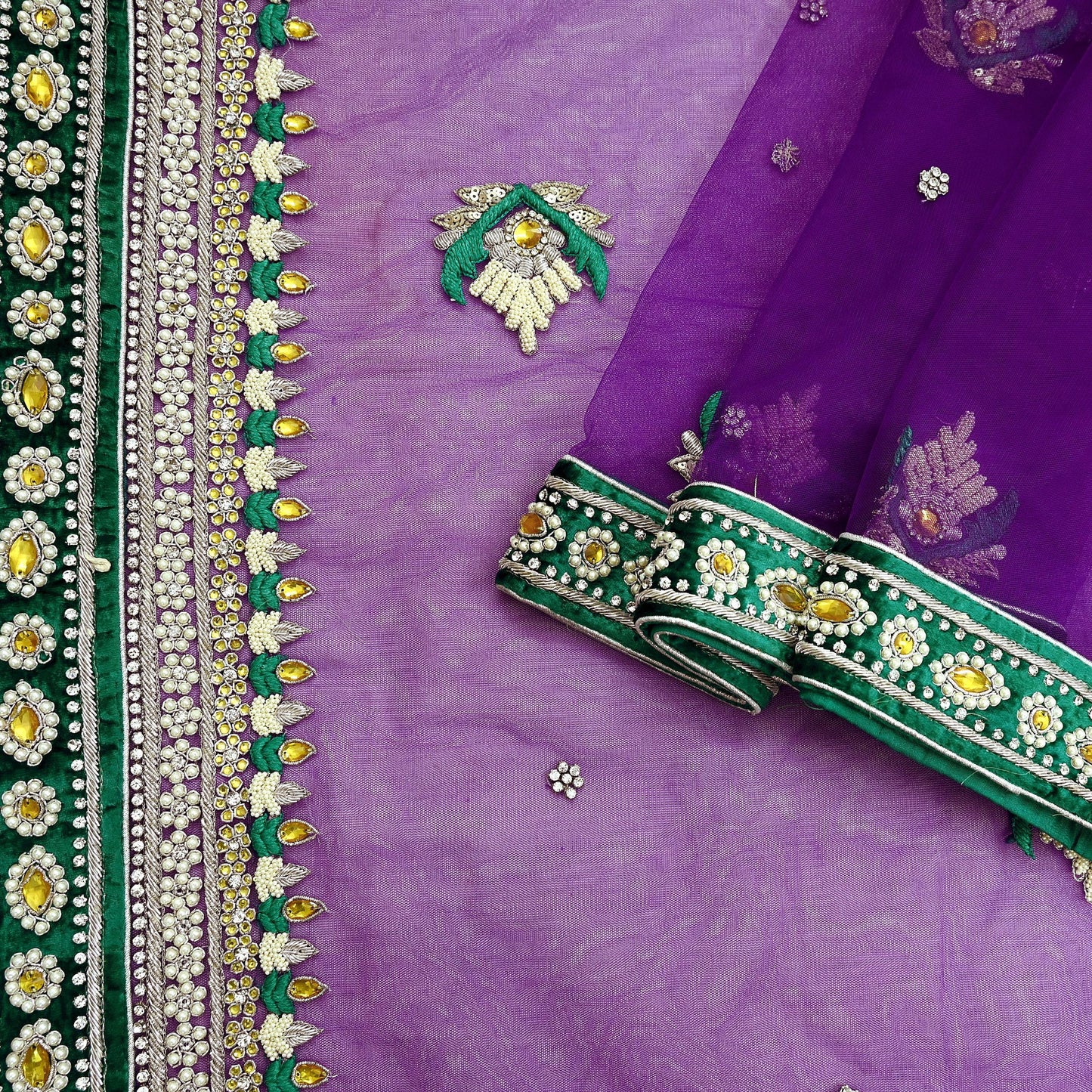 Indian Vintage Purple Net Saree Heavy Hand Embroidery 5 Yards Soft Mesh Fabric Includes Blouse & Ideal for Crafting Wedding Wear