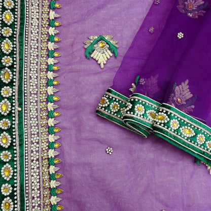 Indian Vintage Purple Net Saree Heavy Hand Embroidery 5 Yards Soft Mesh Fabric Includes Blouse & Ideal for Crafting Wedding Wear