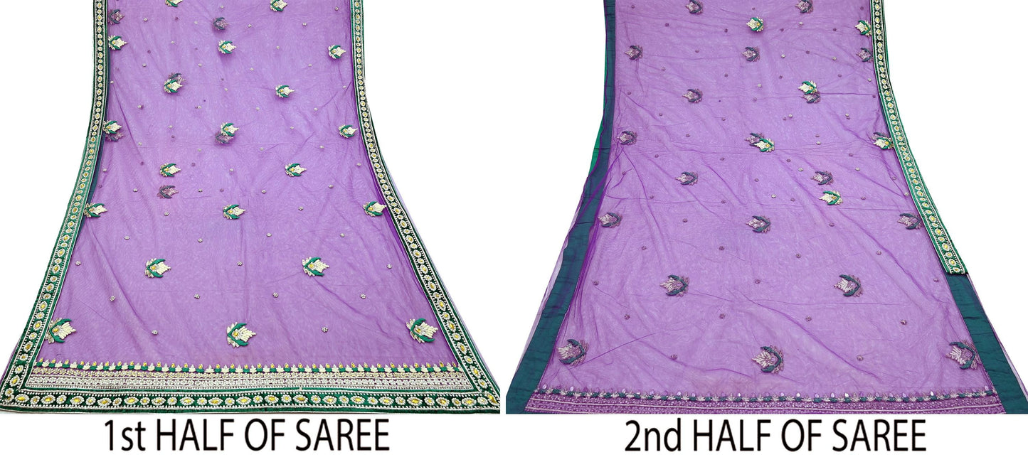 Indian Vintage Purple Net Saree Heavy Hand Embroidery 5 Yards Soft Mesh Fabric Includes Blouse & Ideal for Crafting Wedding Wear