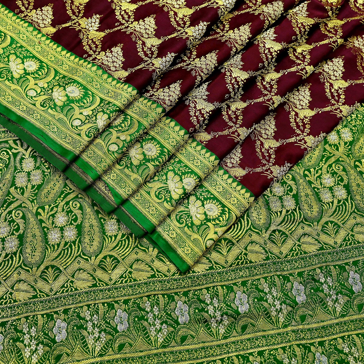 Vintage Banarasi Saree Pure Satin Silk Woven Brocade Zari Fabric Maroon & Green Heavy Craft Sari 5 Yards Indian Antique Textile Dress Making