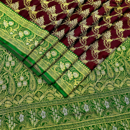 Vintage Banarasi Saree Pure Satin Silk Woven Brocade Zari Fabric Maroon & Green Heavy Craft Sari 5 Yards Indian Antique Textile Dress Making