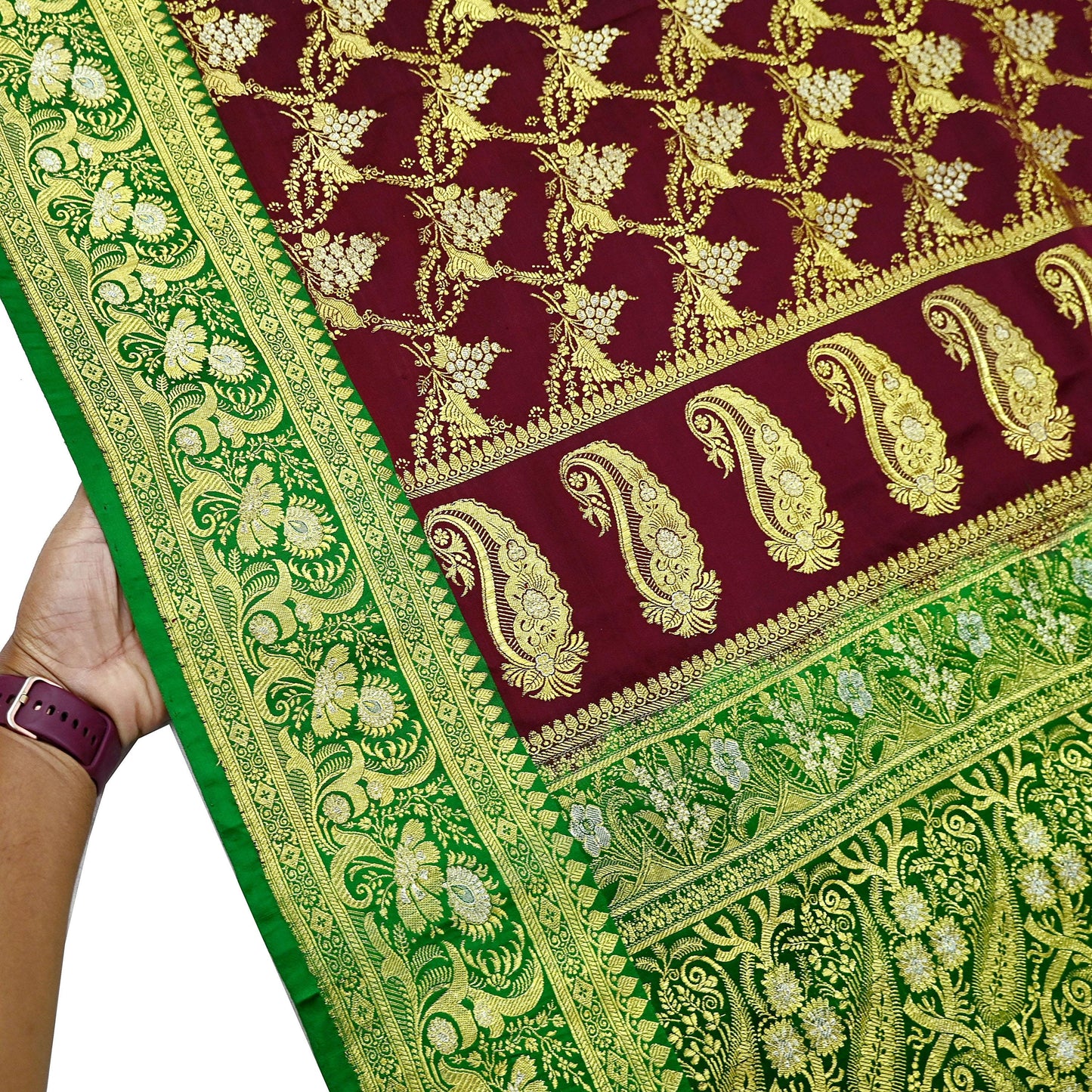 Vintage Banarasi Saree Pure Satin Silk Woven Brocade Zari Fabric Maroon & Green Heavy Craft Sari 5 Yards Indian Antique Textile Dress Making