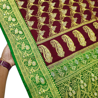 Vintage Banarasi Saree Pure Satin Silk Woven Brocade Zari Fabric Maroon & Green Heavy Craft Sari 5 Yards Indian Antique Textile Dress Making
