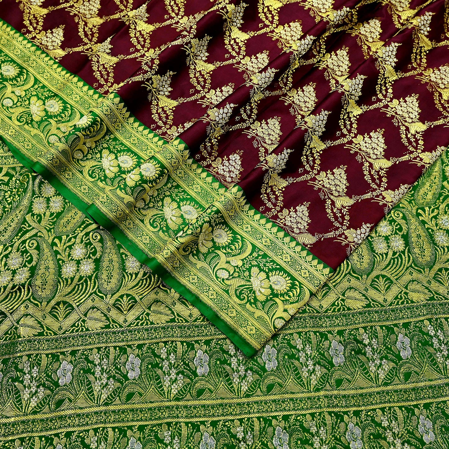 Vintage Banarasi Saree Pure Satin Silk Woven Brocade Zari Fabric Maroon & Green Heavy Craft Sari 5 Yards Indian Antique Textile Dress Making